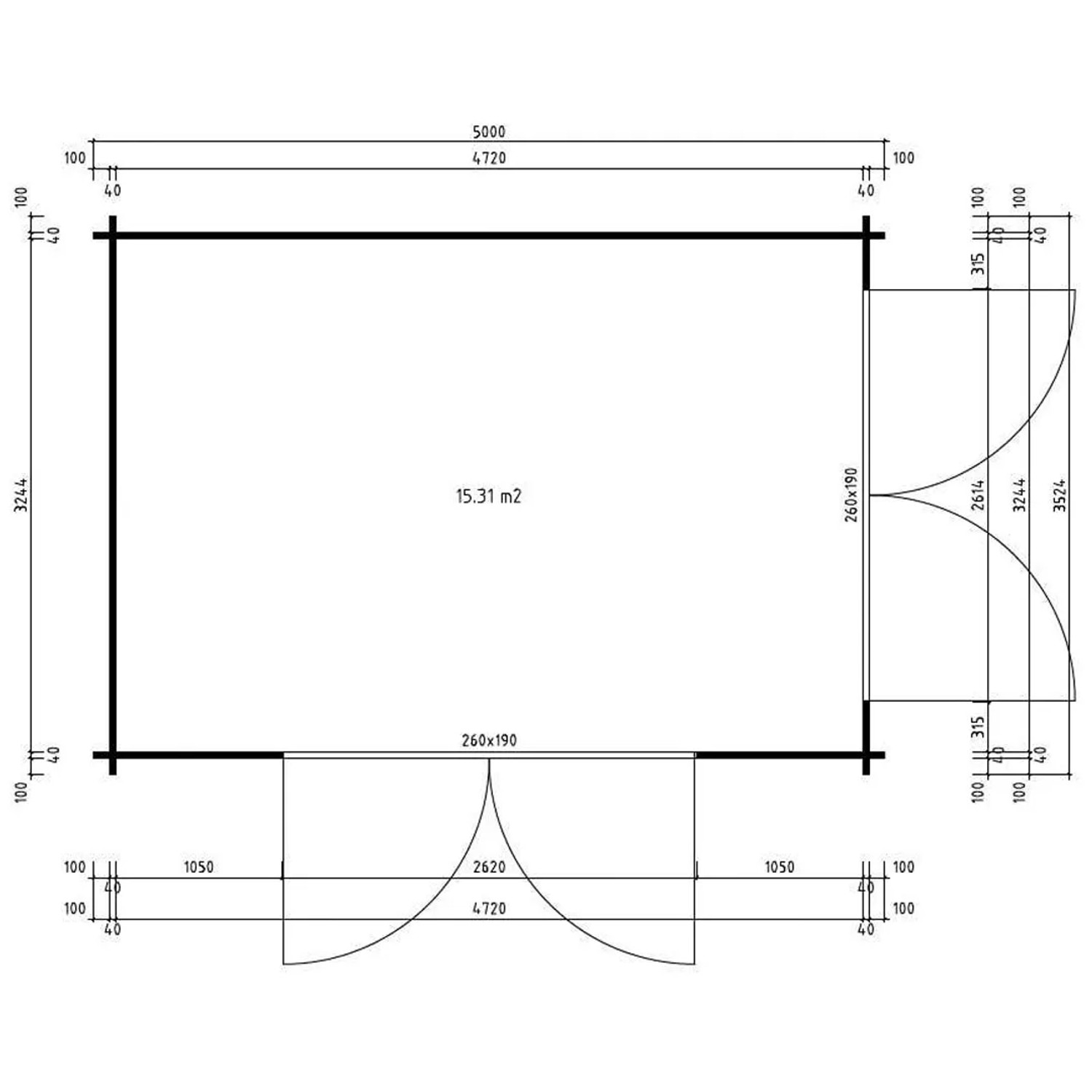 Grundriss Alpholz Gartenhaus Sunrise ISO Walmdach 500x352 cm mit Maßen.