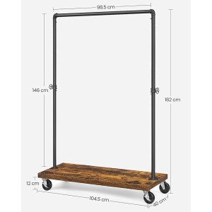 Songmics Kleiderständer Dalson mit Rollen, Ablage in Braun-Schwarz. Moderner Herrendiener im Industrie-Design.