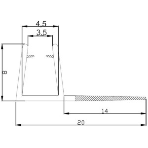 Technische Zeichnung einer vertikalen Türabschlussdichtung für 4 mm Glasstärke im 2er-Set.
