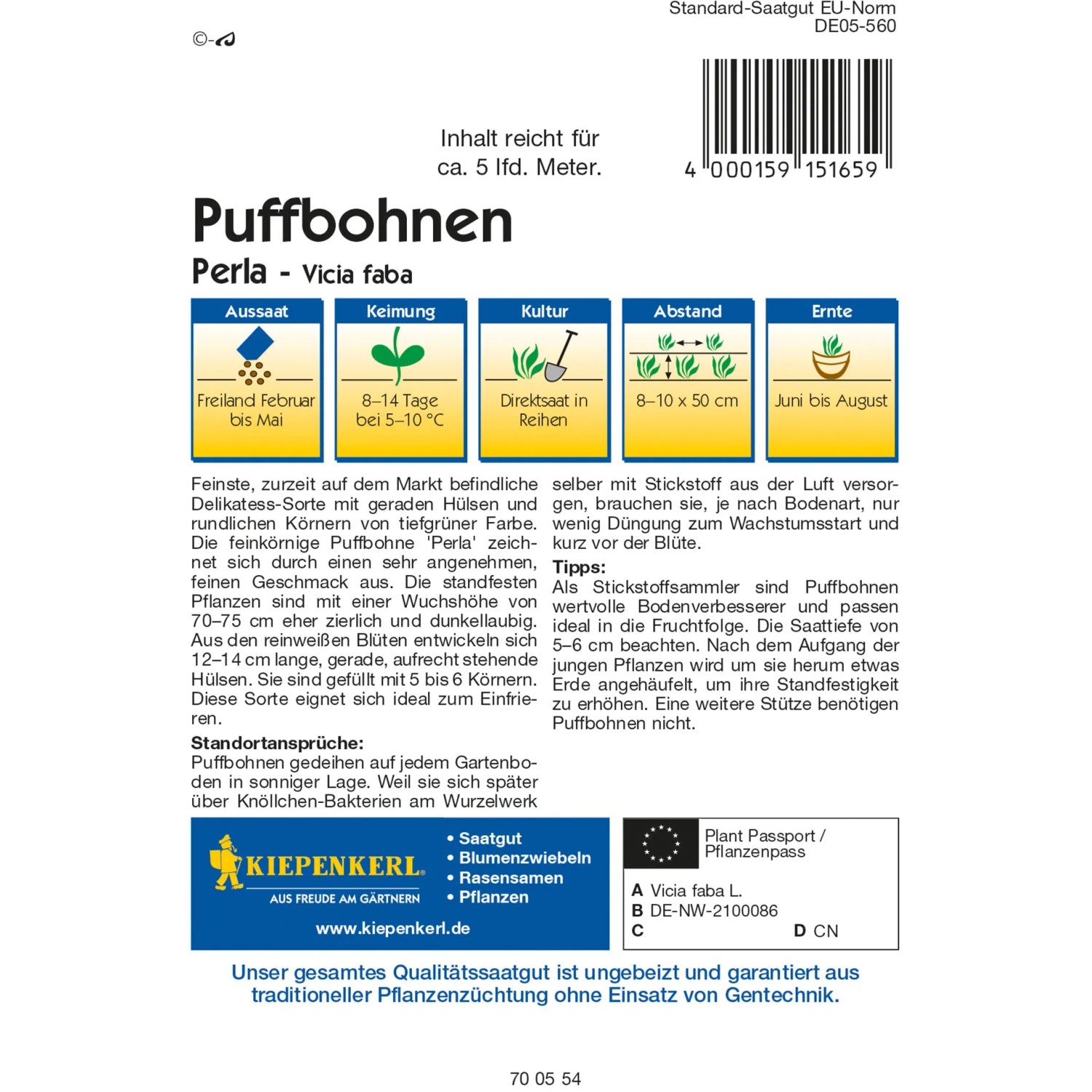 Kiepenkerl Puffbohne Perla Samenpackung mit Aussaat- und Erntehinweisen.