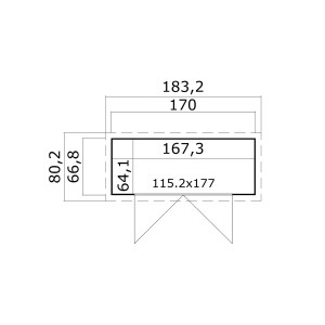 Grundriss Weka Gerätehaus Mori, Pultdach, 170x67cm, mit Maßen.