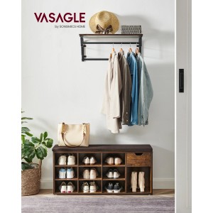 Vasagle Schuhbank in Vintagebraun mit Schubladen und gepolsterter Sitzfläche vor weißer Wand.