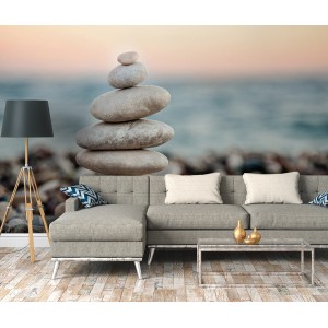 Fototapete Steine Strand Meer blau-grau, 3,50x2,55m, als Wanddeko im Wohnzimmer.