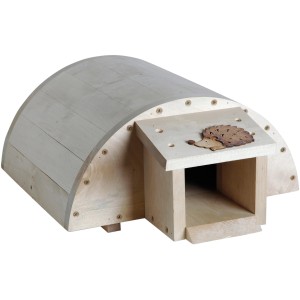 Dobar Igel-Schlafhaus aus Lärchenholz mit langem Eingang und Igel-Dekoration.