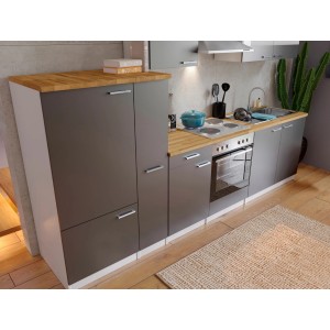 Respekta Küchenzeile KB300WG, 300 cm, grau-weiße Einbauküche mit Elektrogeräten und Nussbaum-Arbeitsplatte.