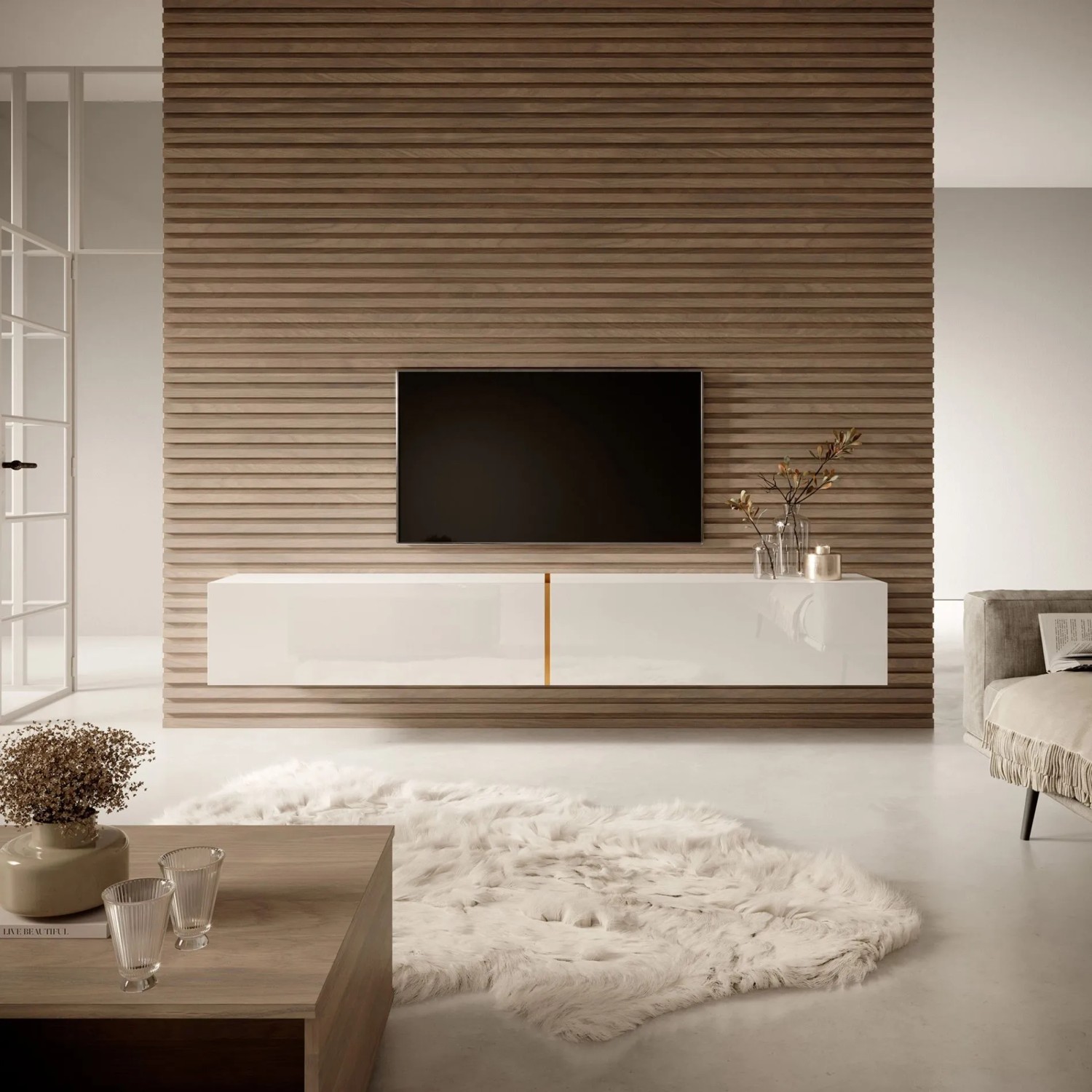 Weißes Selsey TV-Hängeboard Bisira (200 cm) mit goldenem Einsatz, 2 Klapptüren, in modernem Wohnzimmer.