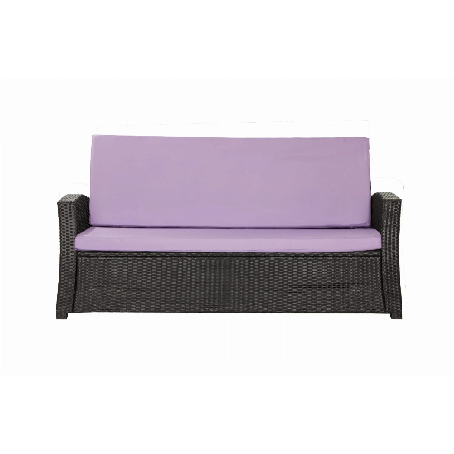 Lila Gartenkissen-Set für 2-Sitzer Polyrattan-Gartensofa, bestehend aus Sitz- und Rückenkissen.
