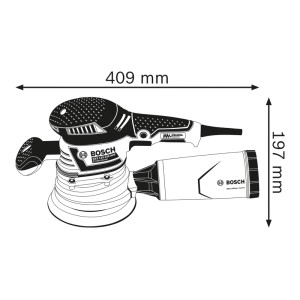 Bosch Professional Exzenterschleifer GEX 40-150 mit Staubfangbeutel, technische Zeichnung. Maße 409x197 mm.