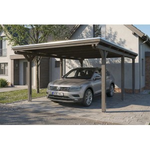 Skan Holz Carport Emsland, schiefergraues Leimholz mit Flachdach und EPDM-Folie, schützt ein Auto auf der Einfahrt.