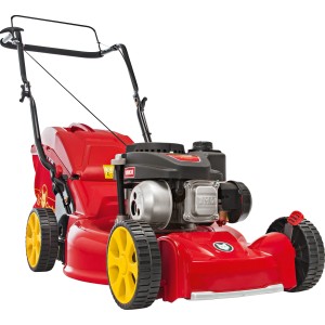Wolf-Garten Benzin-Rasenmäher A 4600 mit 60l Fangsack, rot mit gelben Rädern.