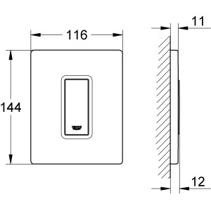 Grohe Skate Cosmopolitan Urinal-Drückerplatte in Chrom, Maße 116x144mm, technische Zeichnung.
