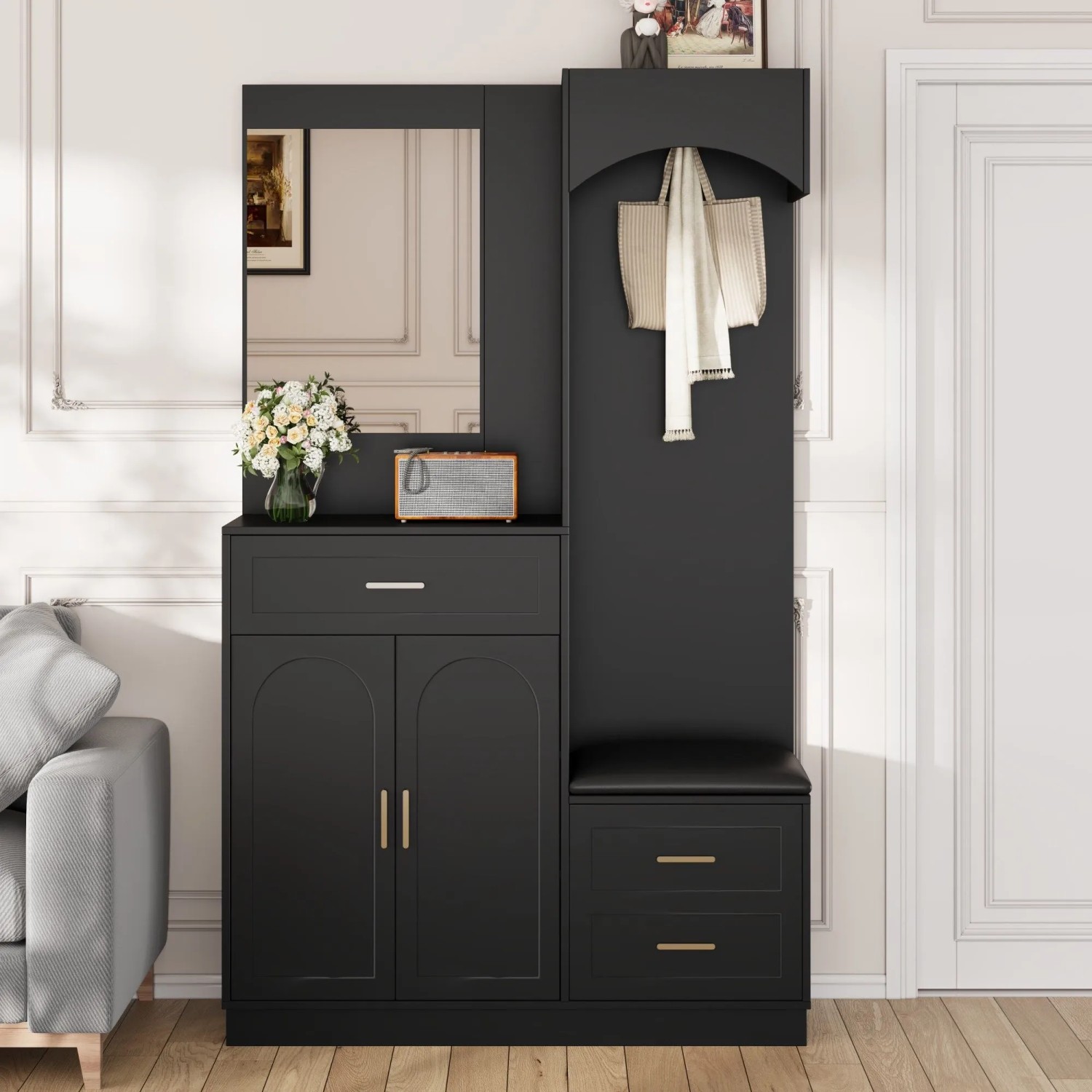 okwish Garderoben Set mit Spiegel Schuhschrank Eingang 110x33x185cm Schwarz kaufen bei OBI