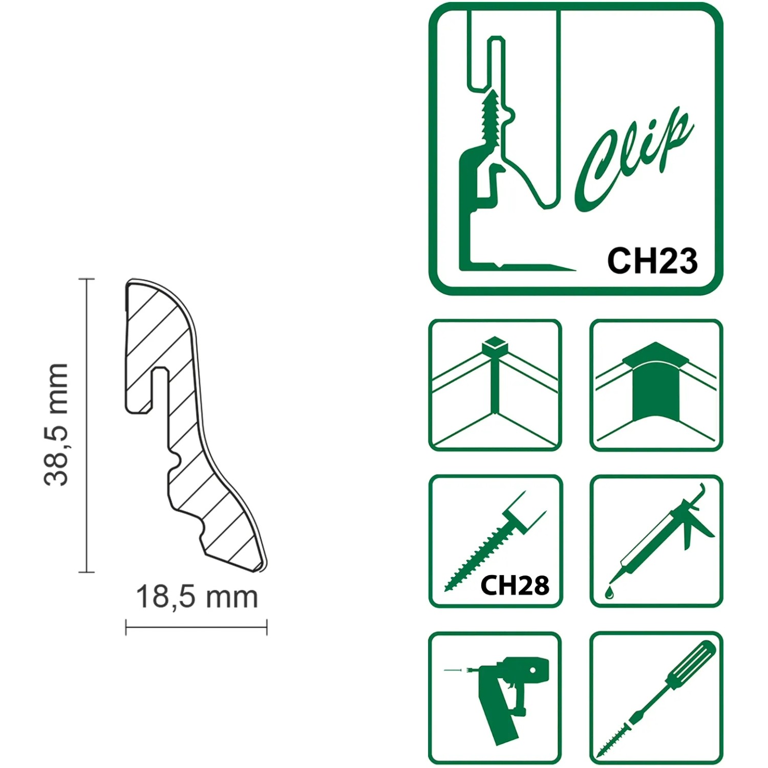 Profil und Montagehinweise für FN Neuhofer Sockelleiste FU018L Eiche, MDF, 18,5x38,5 mm.