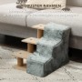 PawHut Haustiertreppe aus Holz mit drei grauen Plüschstufen neben Sofa. Robuste Konstruktion für Hunde & Katzen.