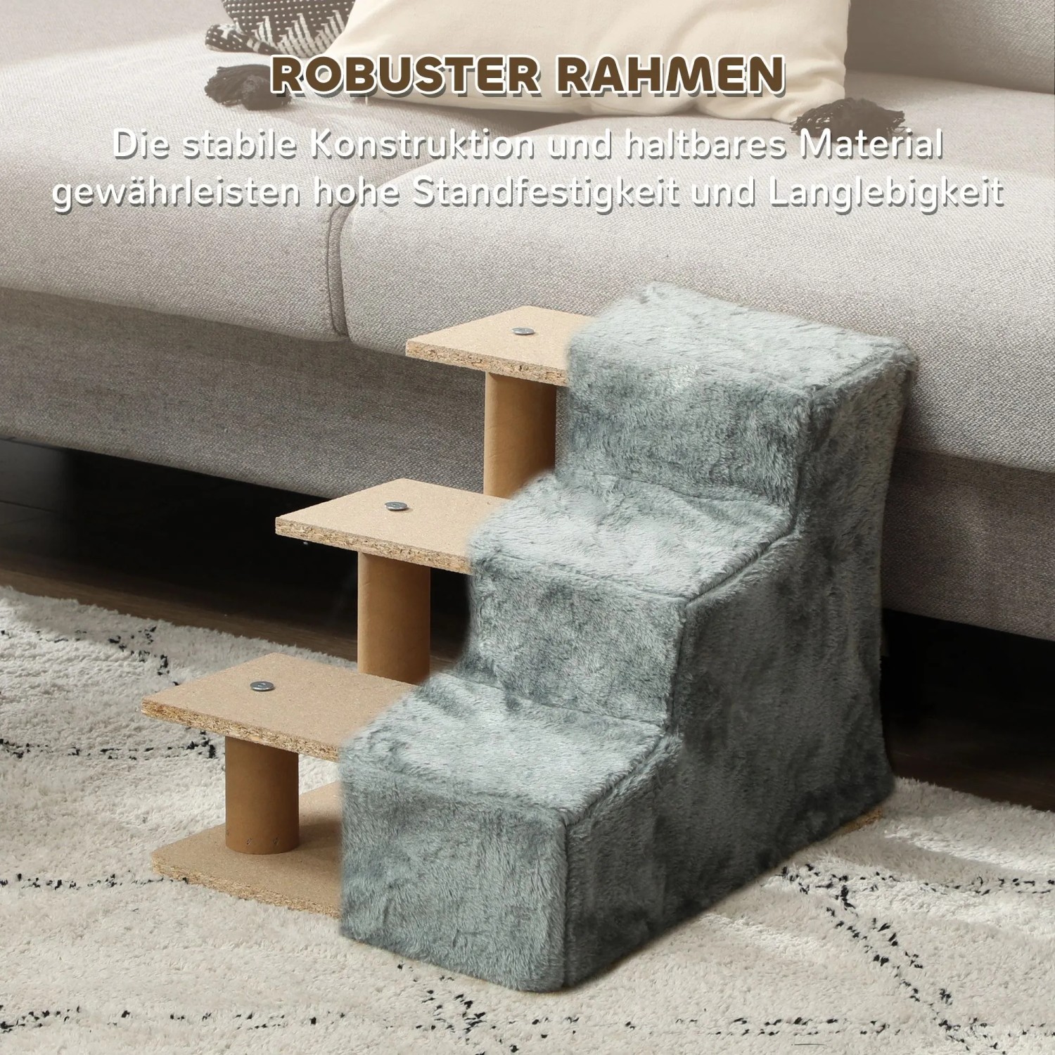 PawHut Haustiertreppe aus Holz mit drei grauen Plüschstufen neben Sofa. Robuste Konstruktion für Hunde & Katzen.