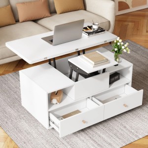 Weißer höhenverstellbarer Couchtisch mit Klappfunktion, Rollen, 4 Schubladen und Ablagefächern im Wohnzimmer.