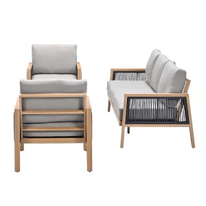 4-teiliges Lounge-Set Decala in heller Teakholzoptik. Gartenmöbel mit Sofa, Sessel und Tisch.