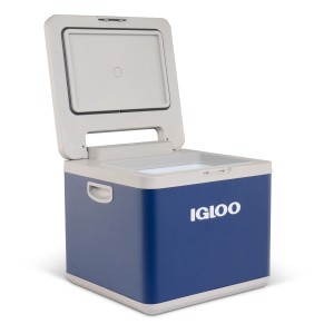 Geöffnete Igloo Hybrid-Kühlbox IH45 AC/DC 43 l in Rauchblau. Ideal für Camping und Freizeit.