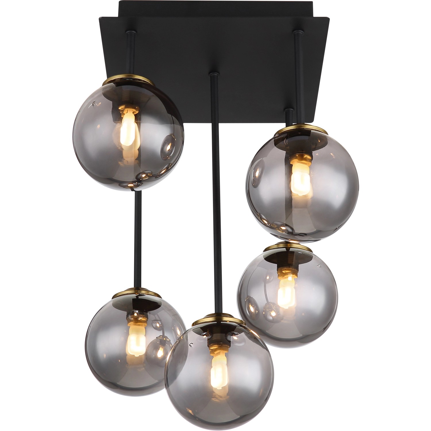 Moderne Globo Deckenleuchte Jorge, 5-flammig, schwarz matt mit Rauchglas-Kugeln.