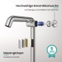 Schnittbild der Emke Chrom Waschtischarmatur. Zeigt hochwertige Keramikkartusche, Messingkörper und 5 Jahre Garantie.
