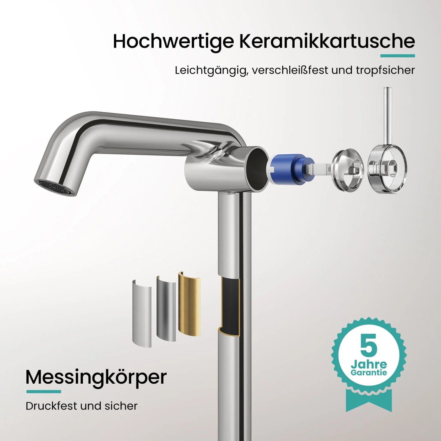 Schnittbild der Emke Chrom Waschtischarmatur. Zeigt hochwertige Keramikkartusche, Messingkörper und 5 Jahre Garantie.