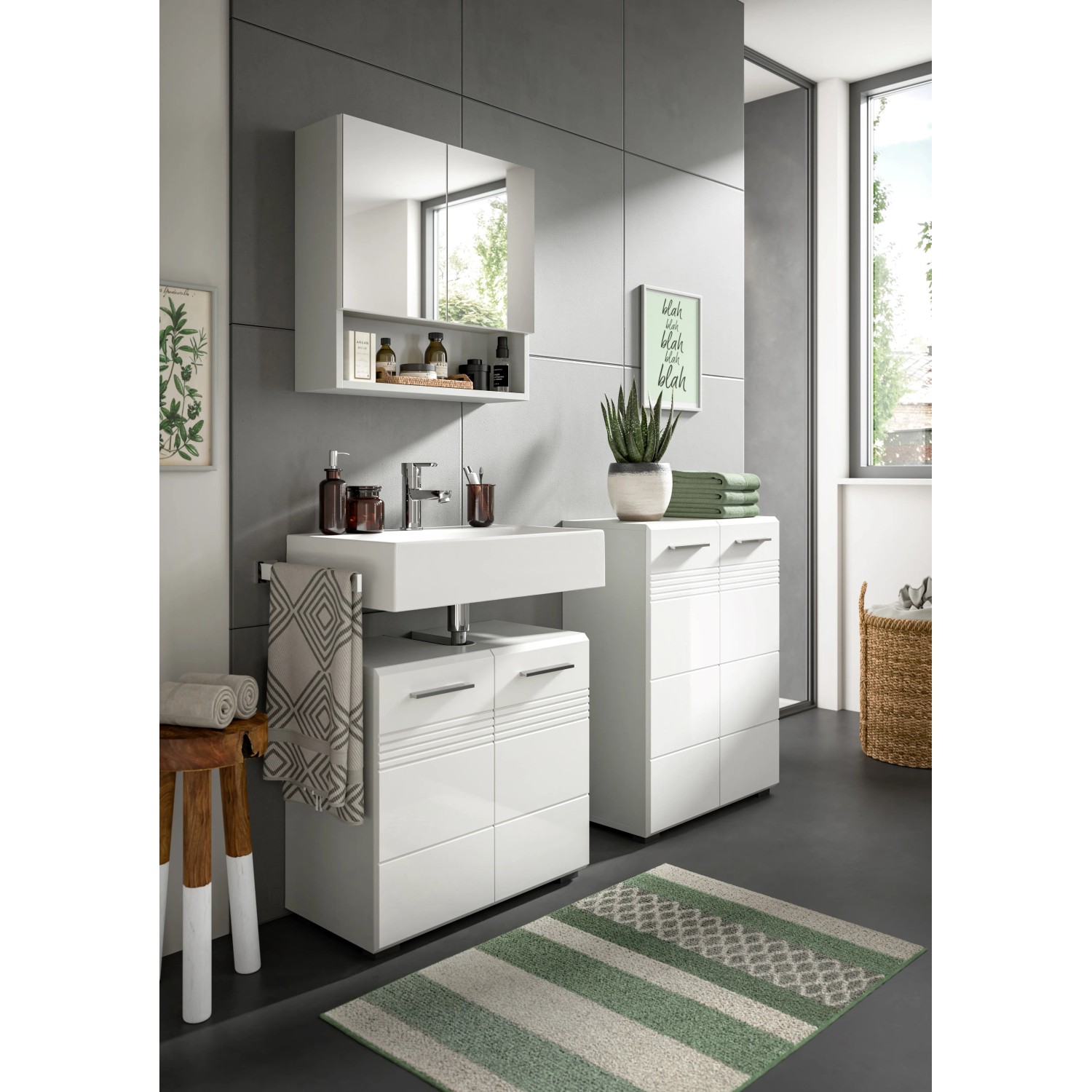 Waschbeckenunterschrank, 60x56x32 cm, grau-weiß, modernes Design für Bad & WC.