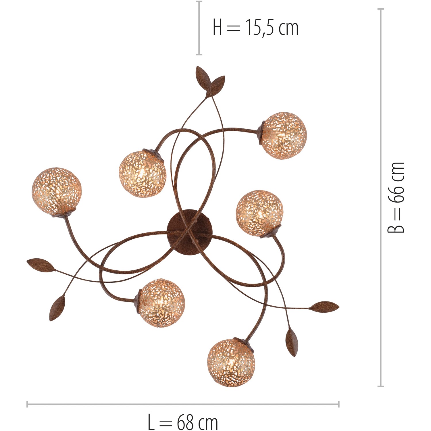 Paul Neuhaus Deckenleuchte Greta, 6-flammig, Rostfarben mit dekorativen Leuchtkugeln.