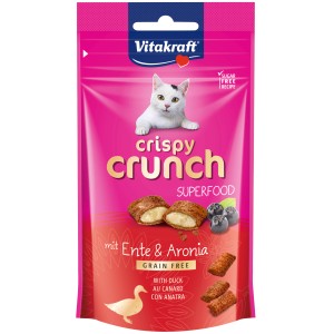 Vitakraft Crispy Crunch Ente & Aronia Katzenleckerli im pinken Beutel.