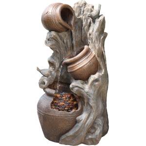 Silex Kunststeinbrunnen Ascona mit drei Terrakotta-Töpfen und Vogel-Dekor für Garten oder Terrasse.