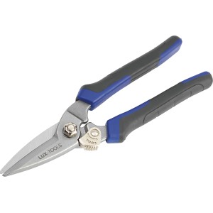 Universalschere mit blau-grauen Griffen zum Schneiden verschiedener Materialien.