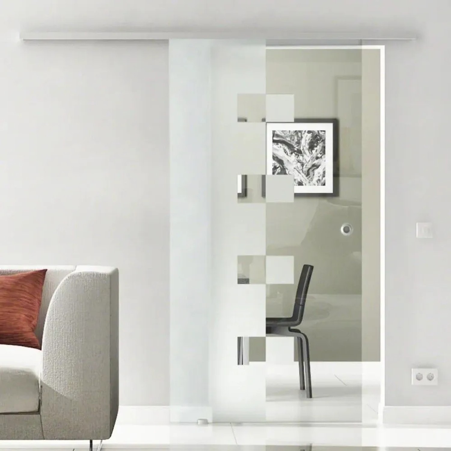 Moderne Levidor Glasschiebetür mit satiniertem Würfelmuster, Aluminium Schiene und SoftClose. Platzsparende Glastür für stilvolle Räume.