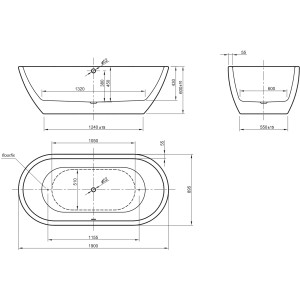 Technische Zeichnung: Ottofond Whirlpool Carney, freistehende Badewanne mit Maßen 190x89,5 cm.
