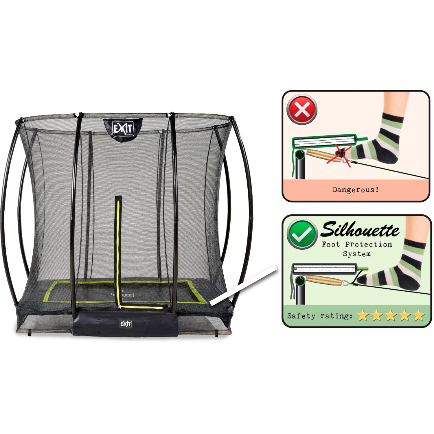 Schwarzes EXIT Silhouette Bodentrampolin 153x214 cm mit Sicherheitsnetz und Fußschutzsystem.