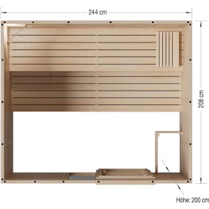 Eilo Sauna EL-BE 40-2421, Blockbohlen-Elementbauweise mit Glastür und Seitenteil, Draufsicht mit Maßen.
