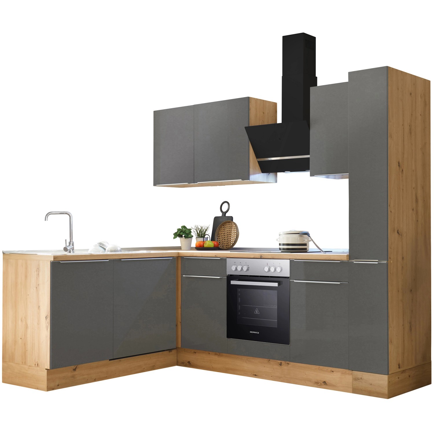 Respekta Winkelküche Marleen, 250 cm, Artisan-Eiche/Grau Matt, mit E-Geräten und Spüle.
