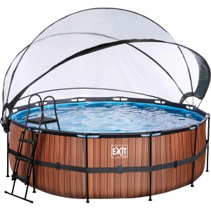 EXIT Wood Pool, braun, ø 427 cm mit Abdeckung und Leiter. Stahlrahmenpool mit Holzoptik.