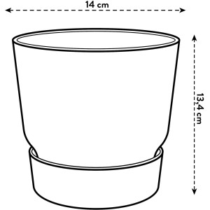Elho Blumentopf Greenville, rund, 14 cm, Laubgrün, mit integriertem Untersetzer und Maßangaben.