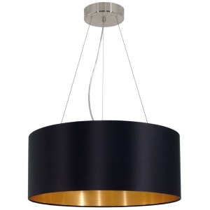 Eglo Pendelleuchte Maserlo, 3-flammig, schwarz mit Stoffschirm und goldener Innenseite.