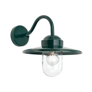 Dunkelgrüne rustikale Orion Außen Wandleuchte aus Aluminium mit gebogenem Arm, flachem Schirm und Glaskuppel. IP44, E27 Fassung.
