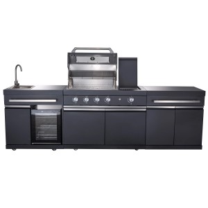 Buschbeck Outdoorküche King Range, 112x282x58cm, Schwarz, mit Grill, Spüle und Getränkekühlschrank.