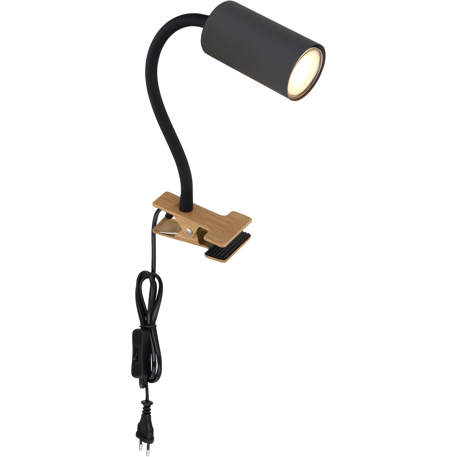 Globo Klemmleuchte Robby, graphitfarben, mit Flexarm und Holz-Klemme. Praktische Leselampe.