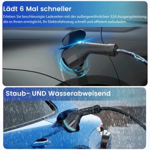 Junsun 22 kW Typ 2 EV Ladegerät lädt Elektroauto schnell. Kabel ist staub- und wasserabweisend im Regen.