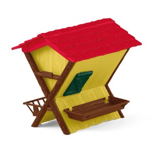 Schleich Waldtiere Futterstelle mit rotem Dach, gelben Wänden und Futterkrippe als Teil eines Sets.