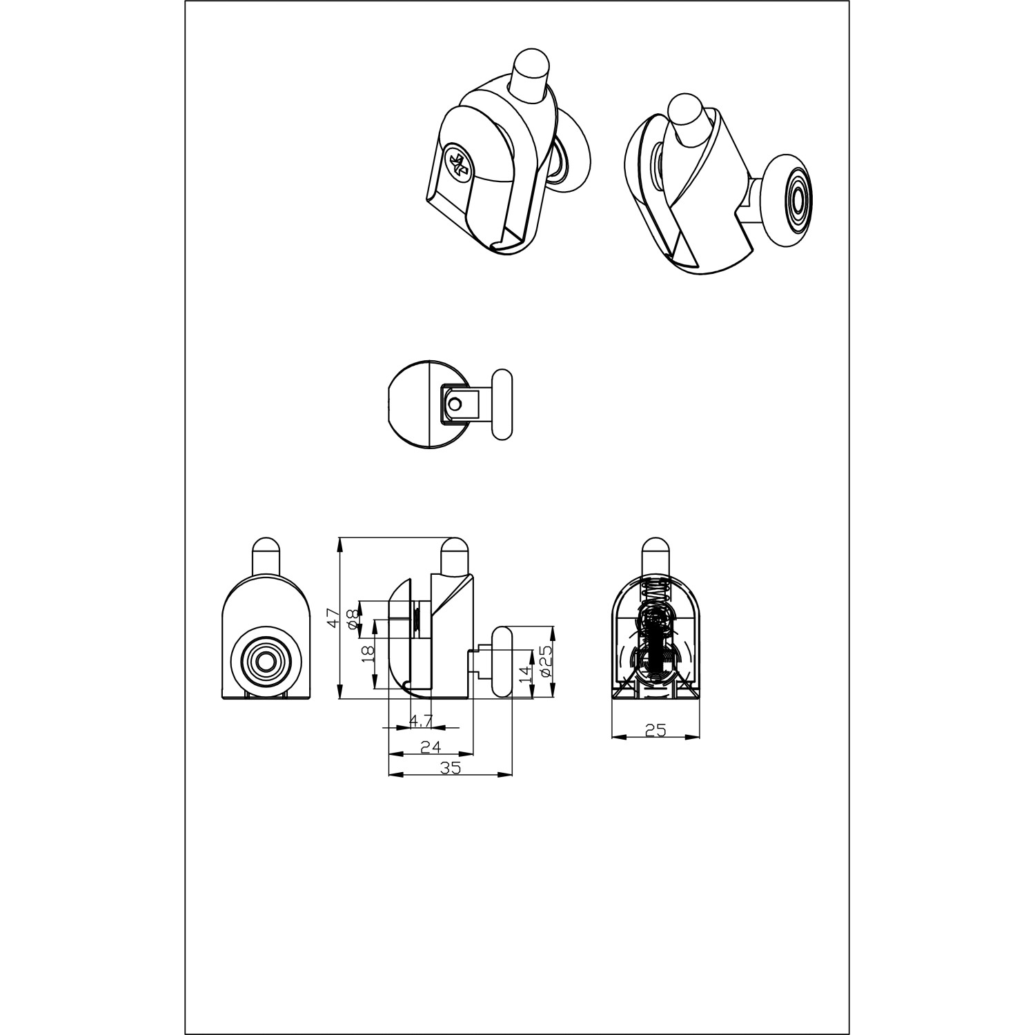 Zeichnung: Einzelrollen für Duschkabinen, 4er-Set, 4-5 mm Glasstärke, Zubehör für Duschen.