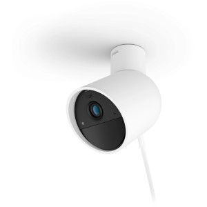 Weiße Philips Hue Secure Kamera (kabelgebunden) zur Überwachung von Innen- und Außenbereichen.