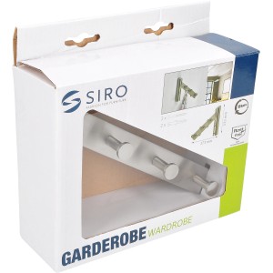 Siro Kleingarderobe aus Edelstahl, feingeschliffen, mit 6 Haken, Länge 173 mm, verpackt.