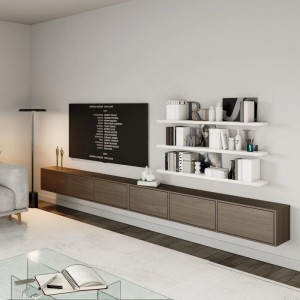 Selsey TV-Hängeboard Framme 300 cm in Walnuss-Holzoptik, grifflos, wandmontiert unter TV im modernen Wohnzimmer.