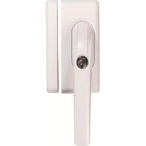 Weißer Abus Fenstergriff FO400 mit Schlüssel, geeignet als Kindersicherung.