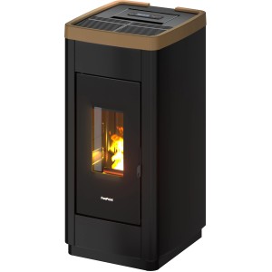 Freepoint Pelletofen LIFE, Stahl schwarz-gold, 8,5 kW. Moderner Ofen mit Sichtfenster.