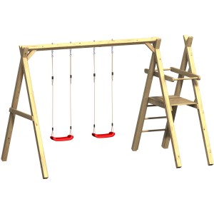 Fips Massivholz-Doppelschaukel mit Podest für Rutsche (ohne Rutsche). Schaukel für Kinder aus Holz mit roten Schaukelsitzen.